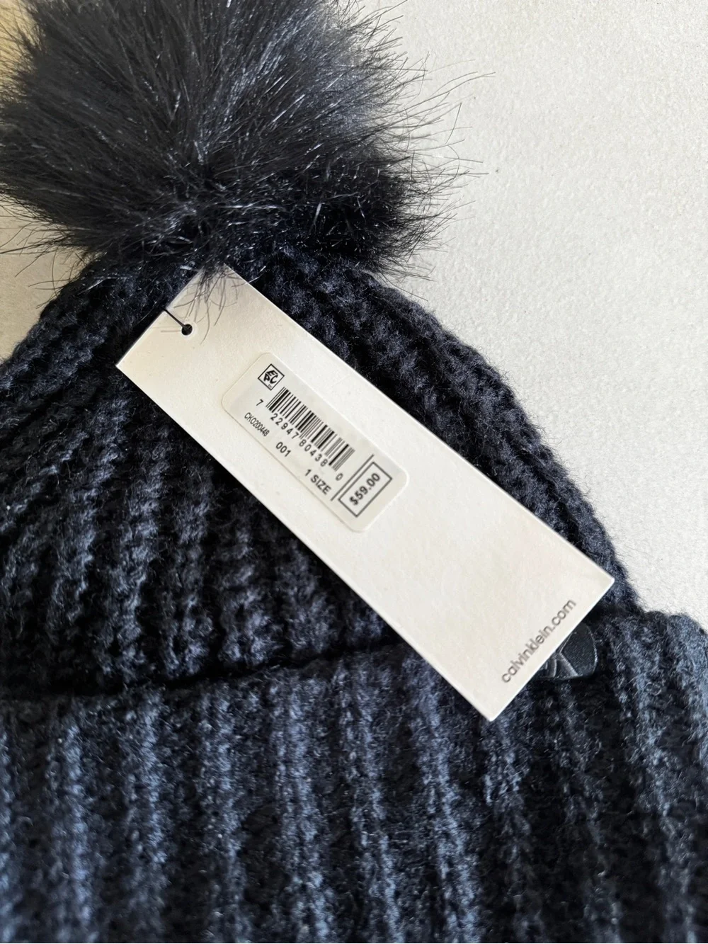 Calvin Klein Black Ribbed Pom Pom Beanie